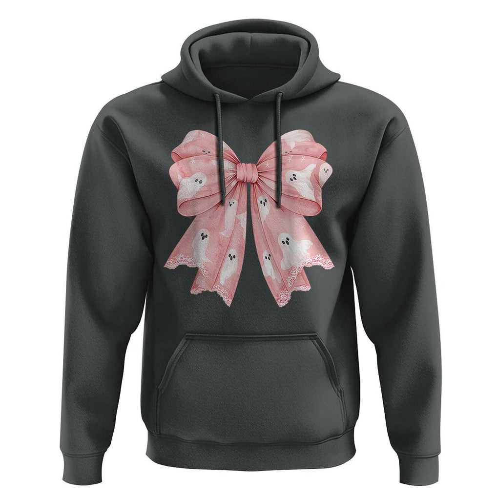 Pink Ghost Bow Coquette Hoodie Cute Girlly Boo Sheet Halloween Spooky Season TS02 Dark Heather Print Your Wear