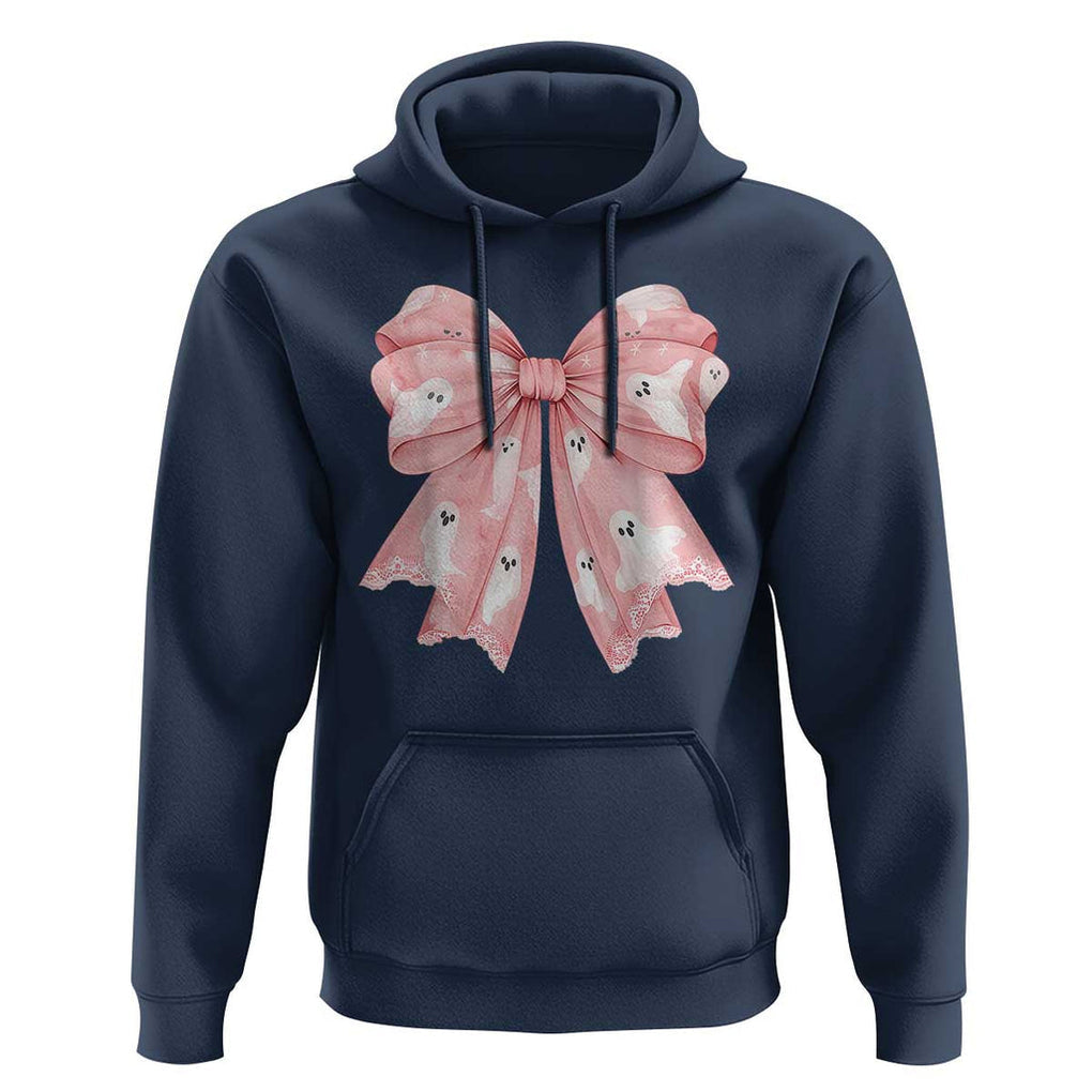 Pink Ghost Bow Coquette Hoodie Cute Girlly Boo Sheet Halloween Spooky Season TS02 Navy Print Your Wear