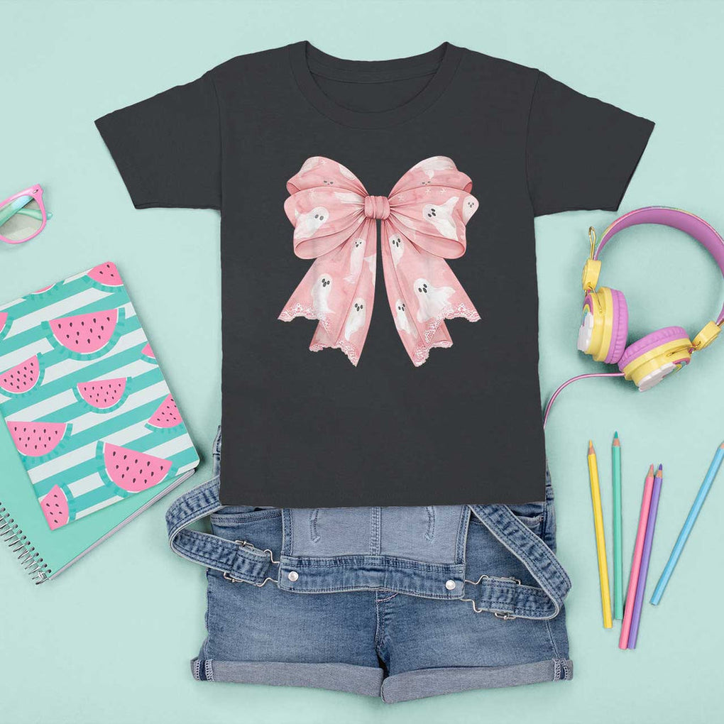 Pink Ghost Bow Coquette T Shirt For Kid Cute Girlly Boo Sheet Halloween Spooky Season TS02 Black Print Your Wear