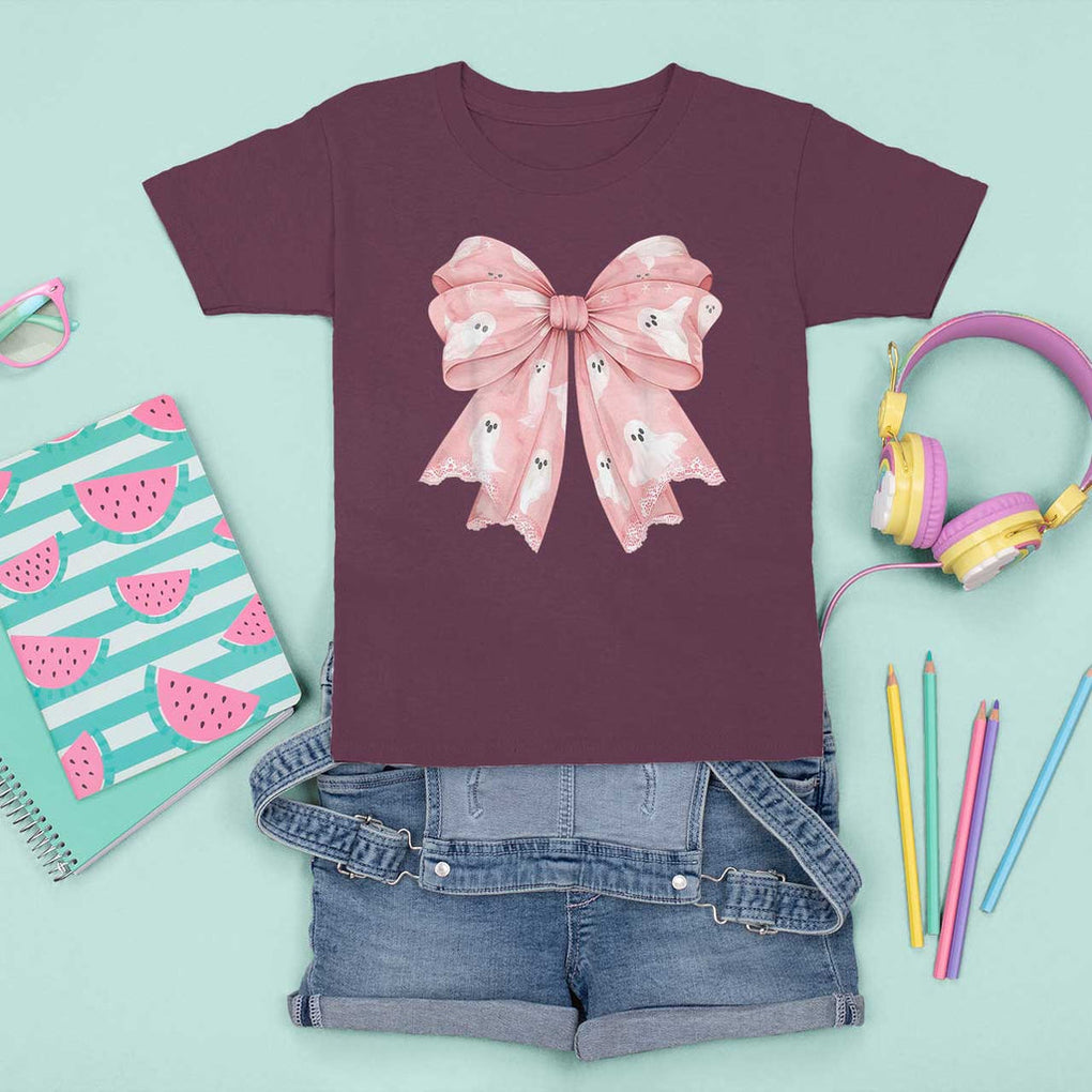 Pink Ghost Bow Coquette T Shirt For Kid Cute Girlly Boo Sheet Halloween Spooky Season TS02 Maroon Print Your Wear