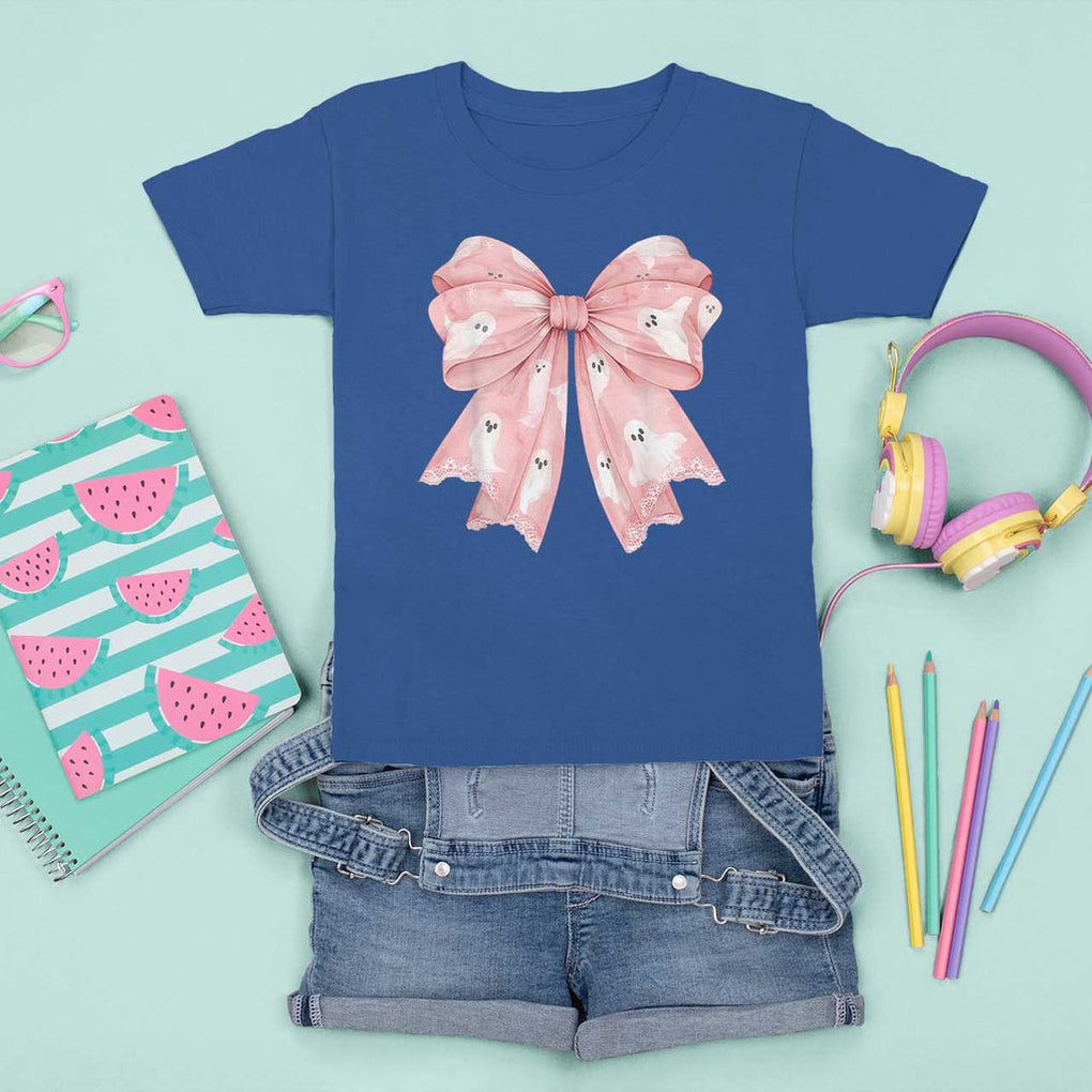 Pink Ghost Bow Coquette T Shirt For Kid Cute Girlly Boo Sheet Halloween Spooky Season TS02 Royal Blue Print Your Wear