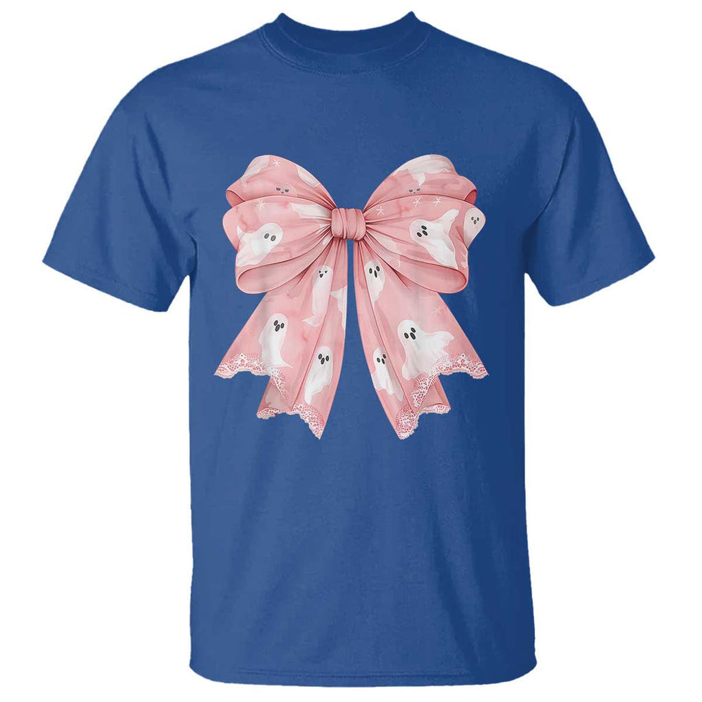 Pink Ghost Bow Coquette T Shirt Cute Girlly Boo Sheet Halloween Spooky Season TS02 Royal Blue Print Your Wear