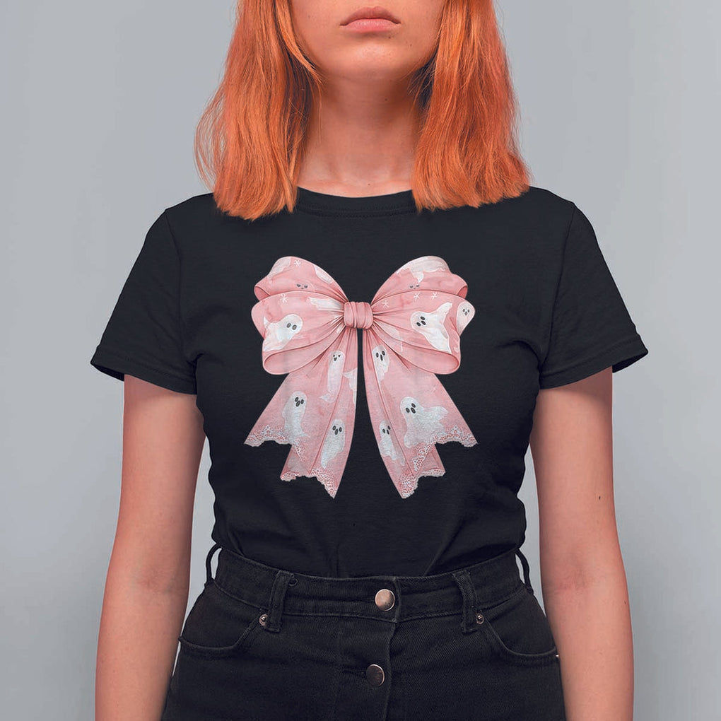 Pink Ghost Bow Coquette T Shirt For Women Cute Girlly Boo Sheet Halloween Spooky Season TS02 Black Print Your Wear