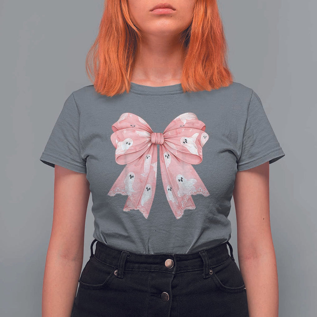 Pink Ghost Bow Coquette T Shirt For Women Cute Girlly Boo Sheet Halloween Spooky Season TS02 Charcoal Print Your Wear