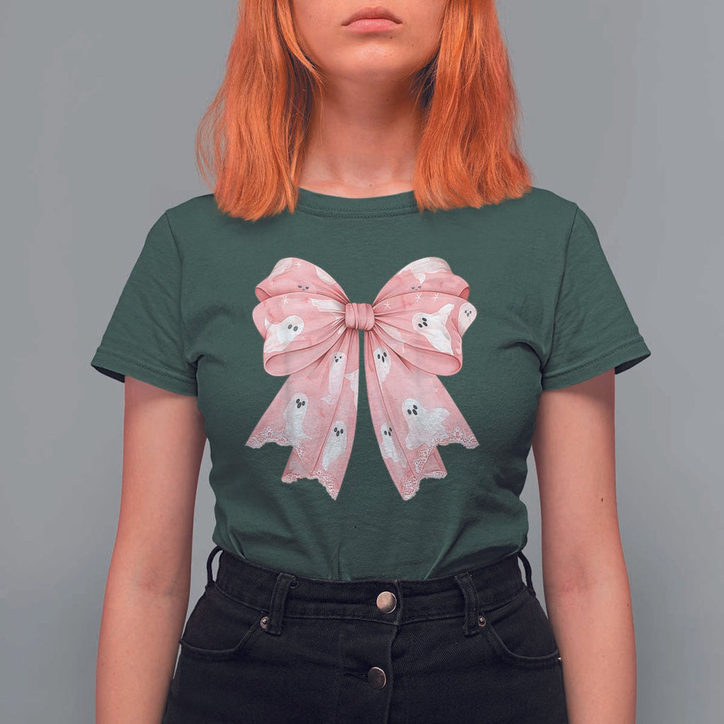 Pink Ghost Bow Coquette T Shirt For Women Cute Girlly Boo Sheet Halloween Spooky Season TS02 Dark Forest Green Print Your Wear