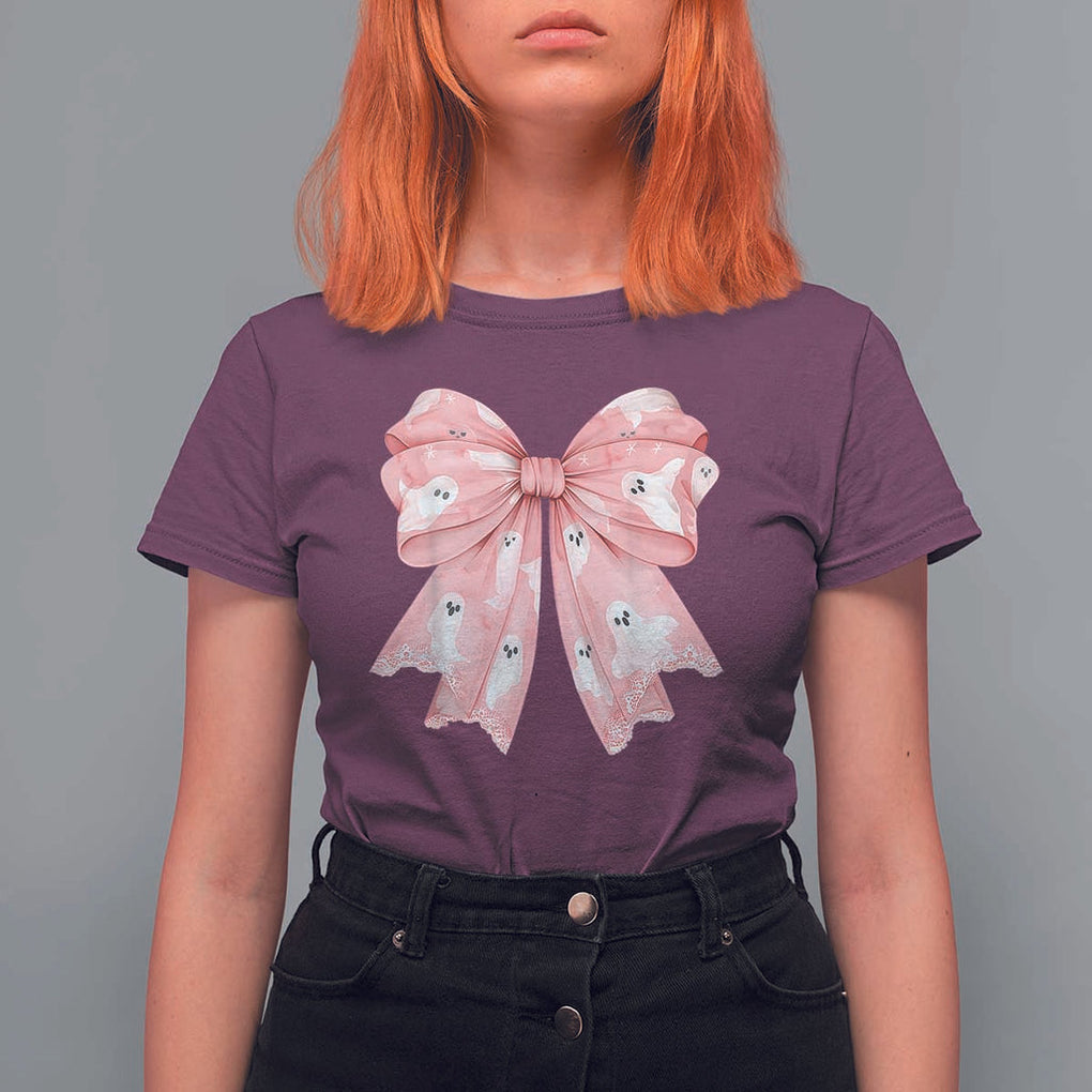 Pink Ghost Bow Coquette T Shirt For Women Cute Girlly Boo Sheet Halloween Spooky Season TS02 Maroon Print Your Wear