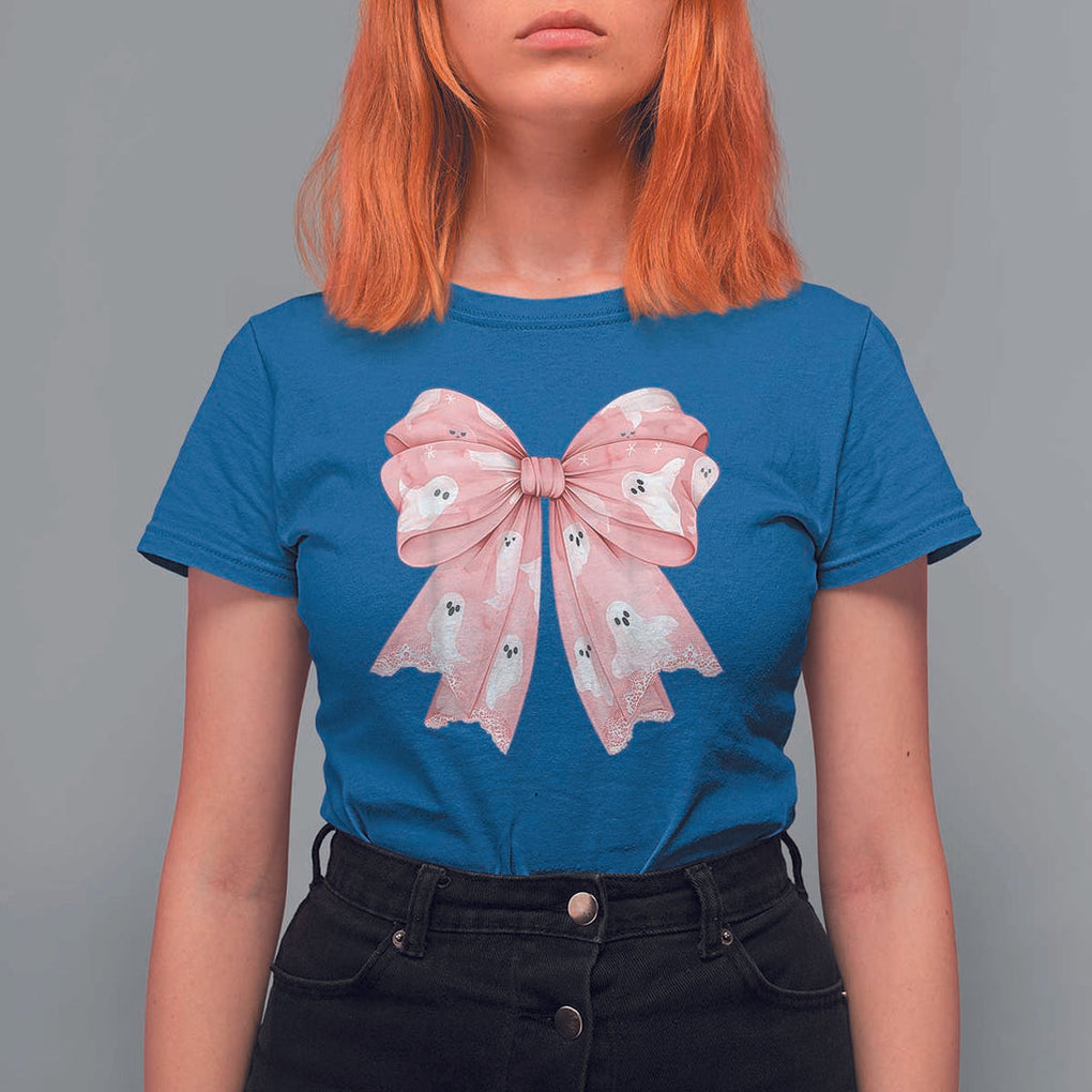 Pink Ghost Bow Coquette T Shirt For Women Cute Girlly Boo Sheet Halloween Spooky Season TS02 Royal Blue Print Your Wear