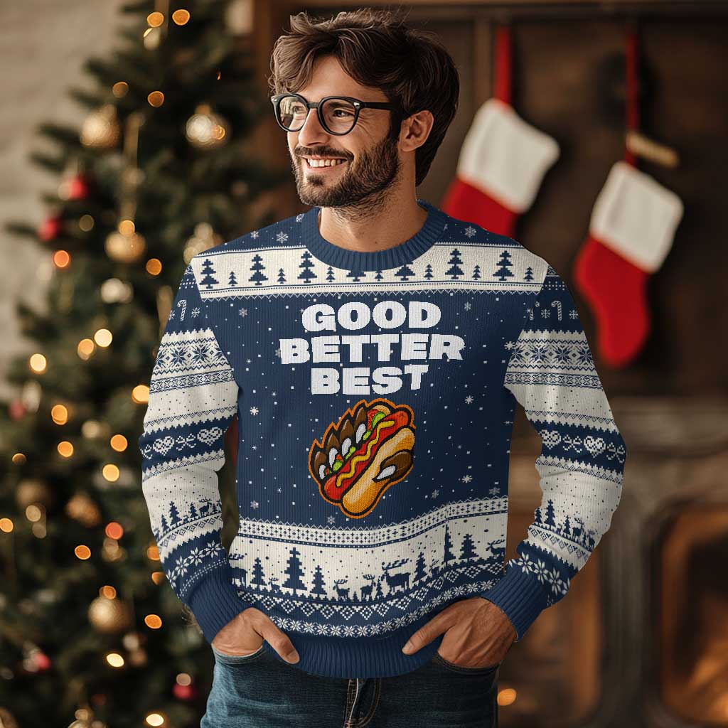 Good Better Best CFB Inspirational Ugly Christmas Sweater Funny Hot Dog and Claw Graphic TS02 Navy Beige Print Your Wear