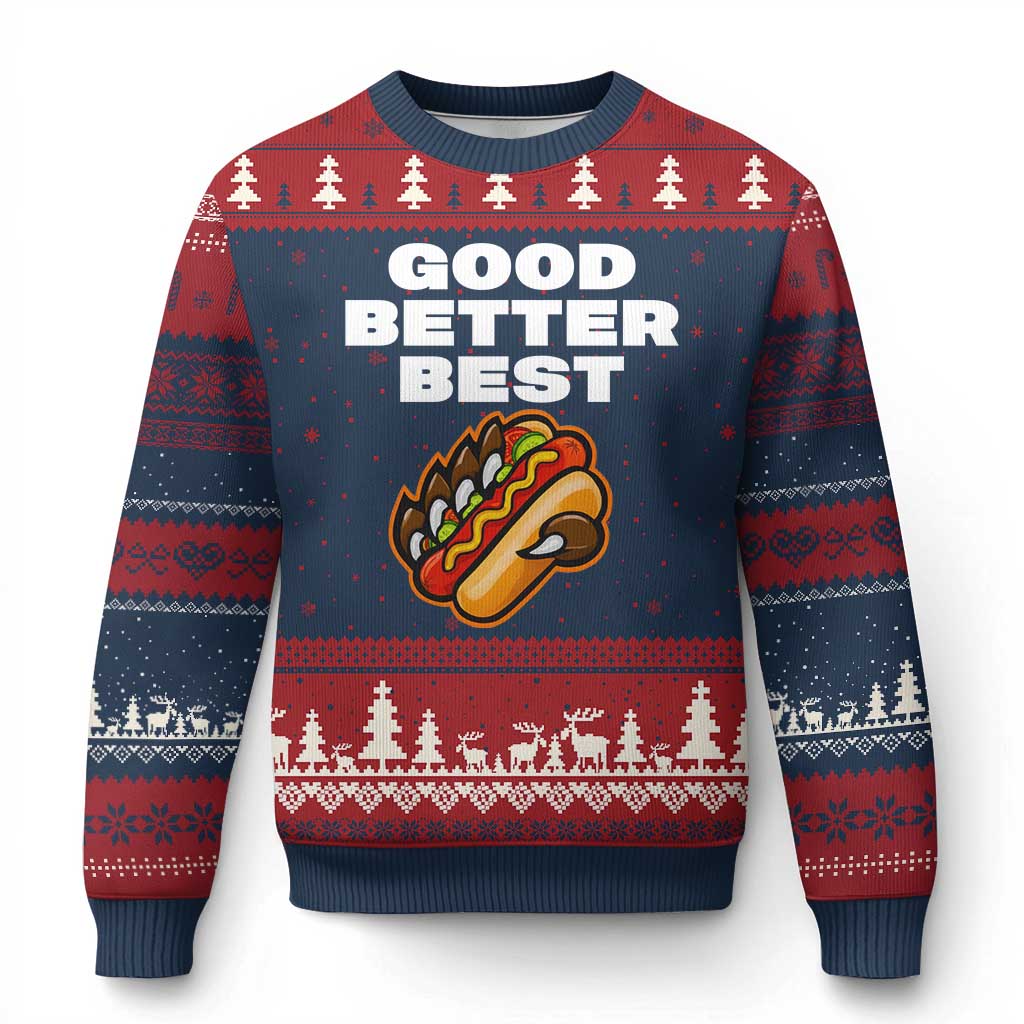 Good Better Best Chicago Football Inspirational Ugly Christmas Sweater Funny Hot Dog and Claw Graphic TS02 Navy Red Print Your Wear