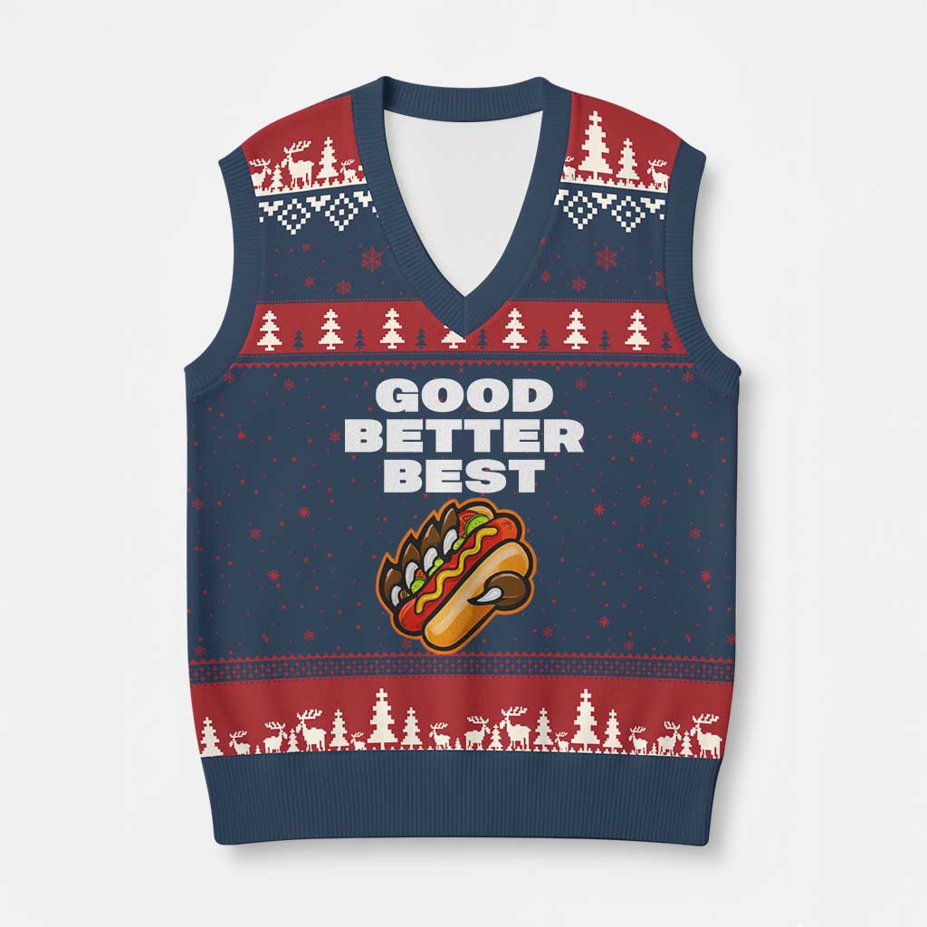 Good Better Best CFB Inspirational V-Neck Knit Sweater Vest Funny Hot Dog and Claw Graphic TS02 Navy Red Print Your Wear