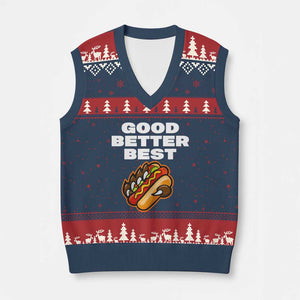 Good Better Best CFB Inspirational V-Neck Knit Sweater Vest Funny Hot Dog and Claw Graphic TS02 Navy Red Print Your Wear