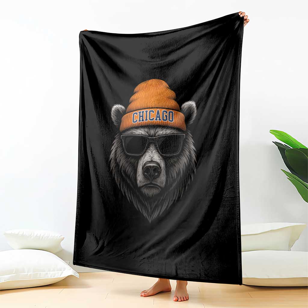 Cool Bear Chicago Graphic Throw Blanket Retro Vibe City Pride Beanie and Sunglasses TS02 Print Your Wear