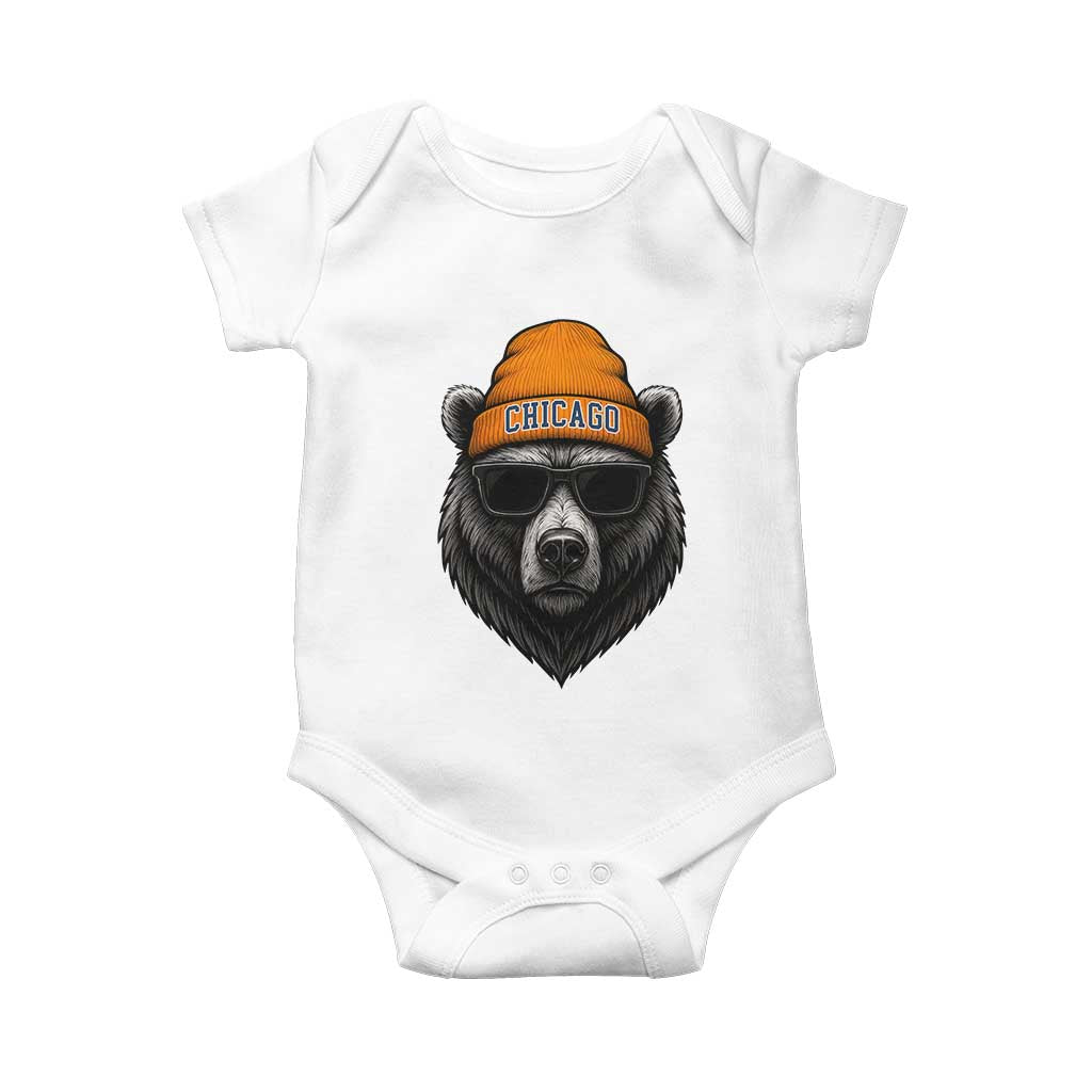 Cool Bear Chicago Graphic Baby Onesie Retro Vibe City Pride Beanie and Sunglasses TS02 White Print Your Wear