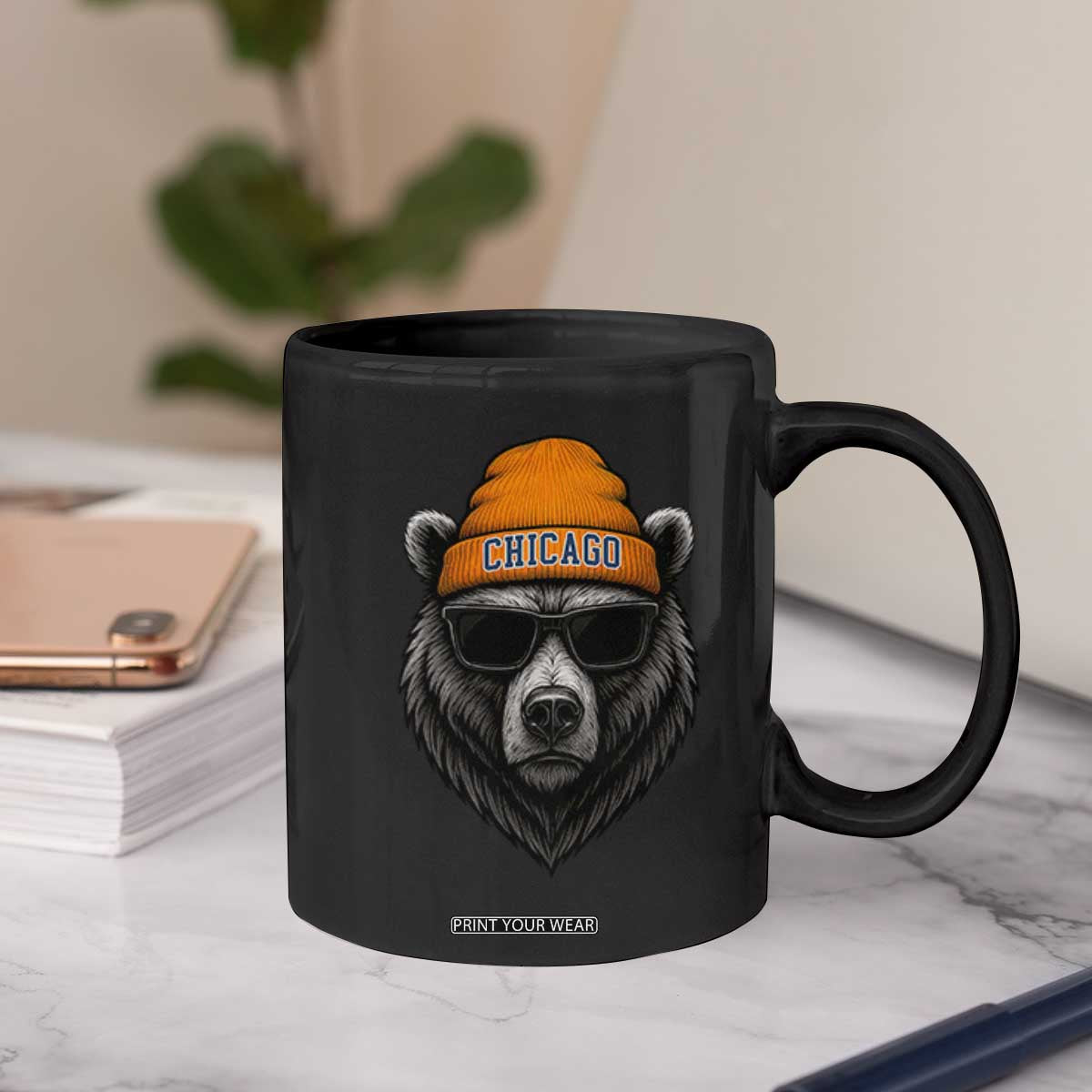 Cool Bear Chicago Graphic Coffee Mug Retro Vibe City Pride Beanie and Sunglasses TS02 Print Your Wear