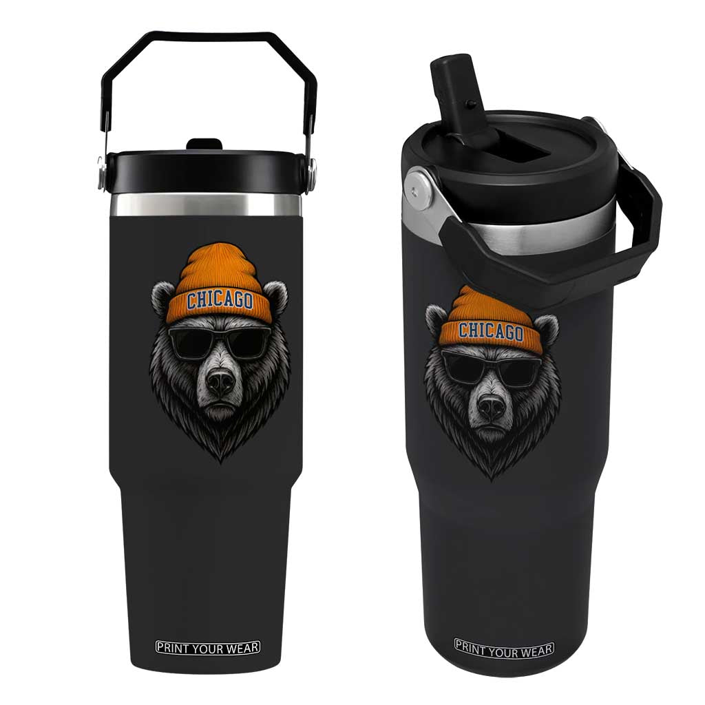 Cool Bear Chicago Graphic Flip Straw Tumbler Retro Vibe City Pride Beanie and Sunglasses TS02 One Size: 30 oz Black Print Your Wear