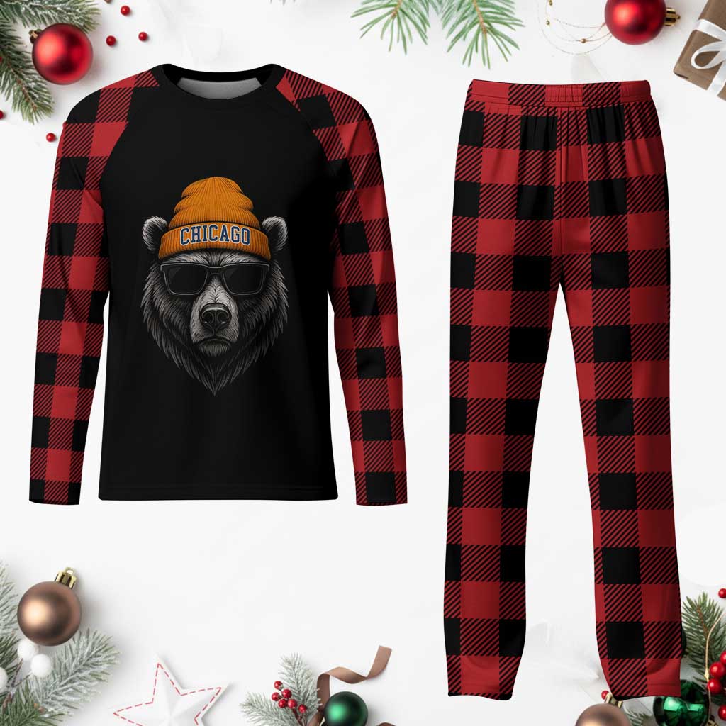 Cool Bear Chicago Graphic Plaid Pajama Set Retro Vibe City Pride Beanie and Sunglasses TS02 Buffalo Plaid Print Your Wear