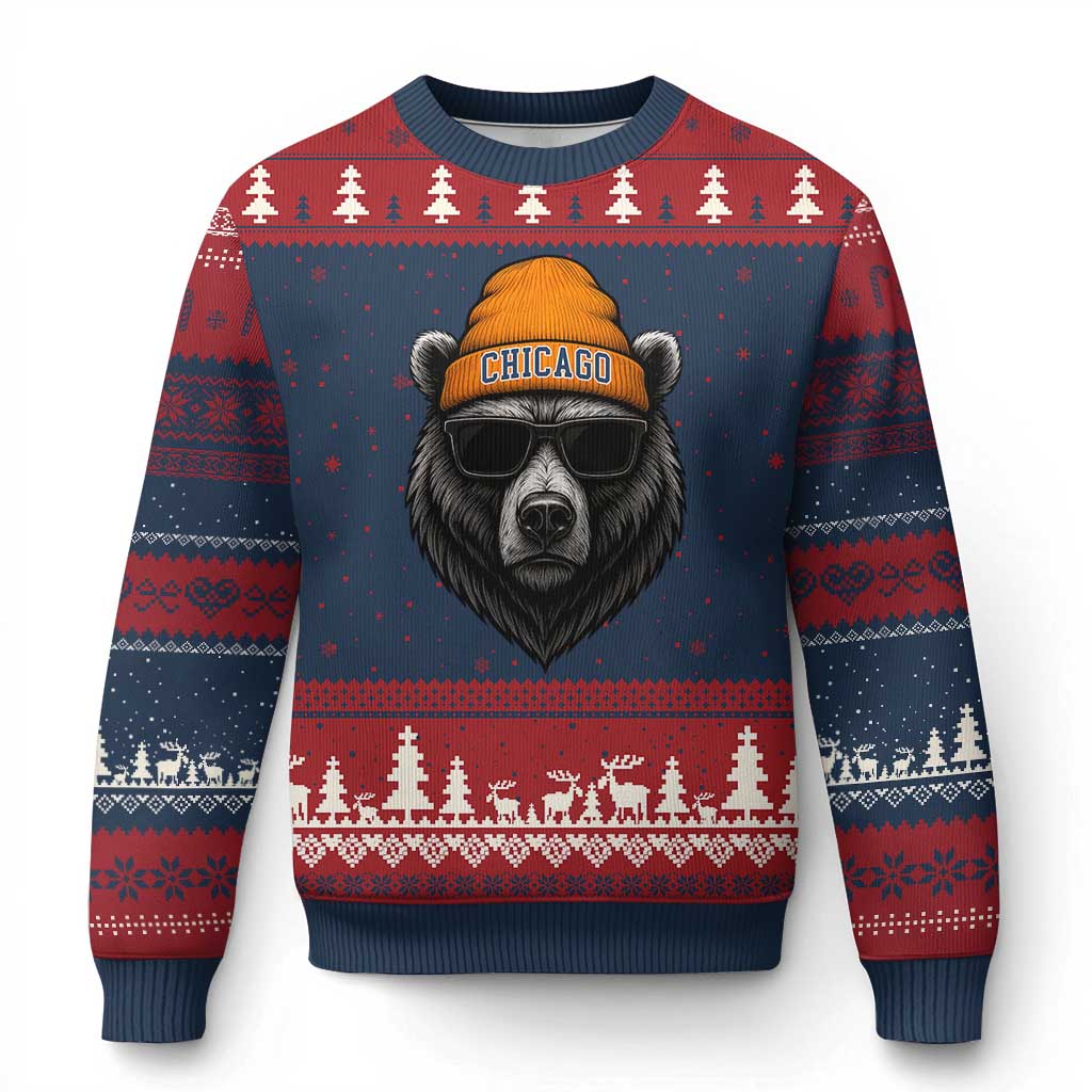 Cool Bear Chicago Graphic Ugly Christmas Sweater Retro Vibe City Pride Beanie and Sunglasses TS02 Navy Red Print Your Wear