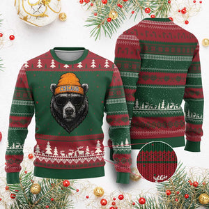 Cool Bear Chicago Graphic Ugly Christmas Sweater Retro Vibe City Pride Beanie and Sunglasses TS02 Red Green Print Your Wear