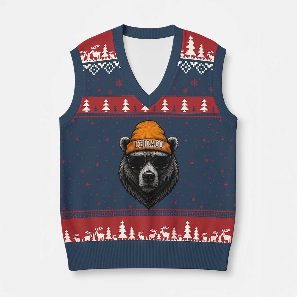 Cool Bear Chicago Graphic V-Neck Knit Sweater Vest Retro Vibe City Pride Beanie and Sunglasses TS02 Navy Red Print Your Wear