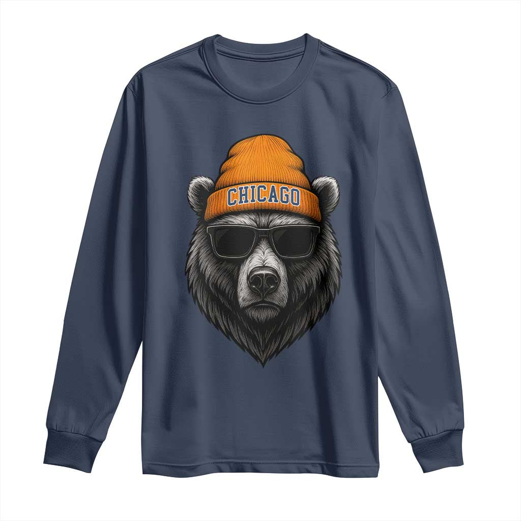 Cool Bear Chicago Graphic Long Sleeve Shirt Retro Vibe City Pride Beanie and Sunglasses TS02 Navy Print Your Wear