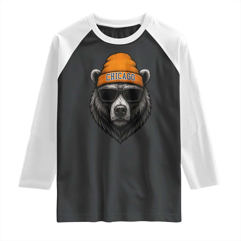 Cool Bear Chicago Graphic Raglan Shirt Retro Vibe City Pride Beanie and Sunglasses TS02 Black White Print Your Wear