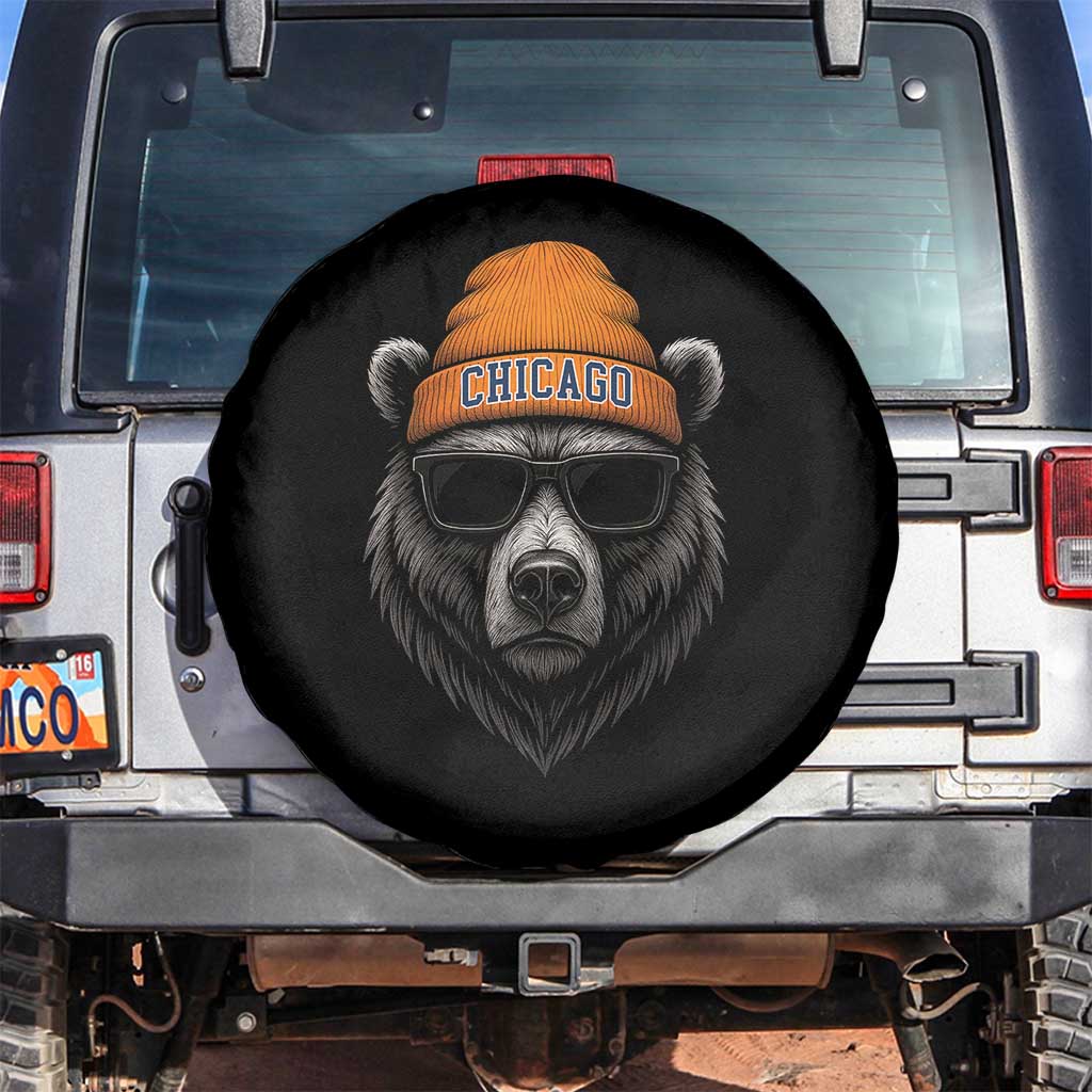 Cool Bear Chicago Graphic Spare Tire Cover Retro Vibe City Pride Beanie and Sunglasses TS02 No hole Black Print Your Wear