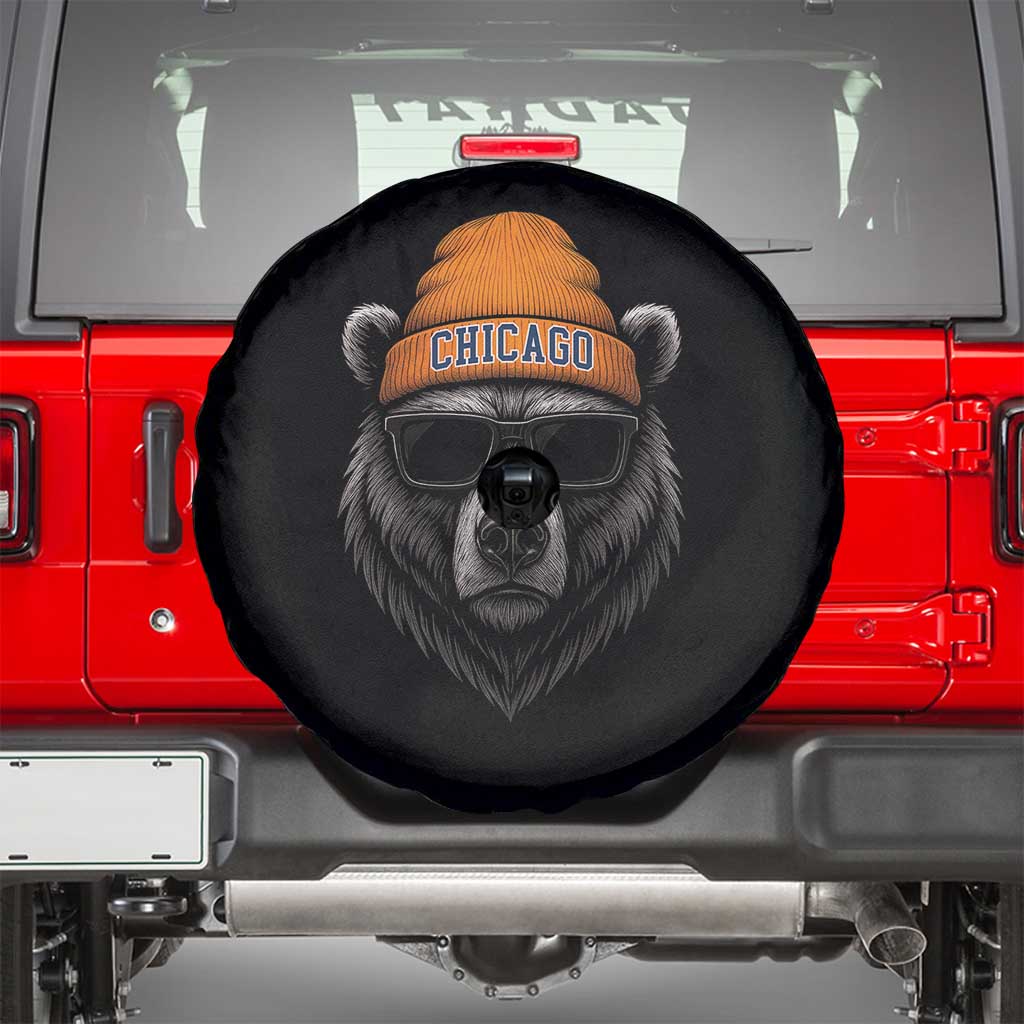 Cool Bear Chicago Graphic Spare Tire Cover Retro Vibe City Pride Beanie and Sunglasses TS02 Black Print Your Wear