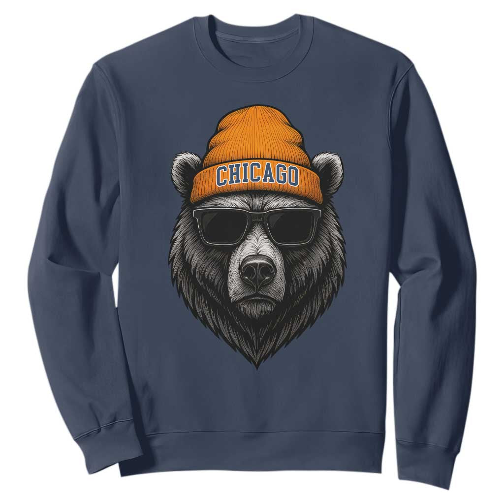 Cool Bear Chicago Graphic Sweatshirt Retro Vibe City Pride Beanie and Sunglasses TS02 Navy Print Your Wear
