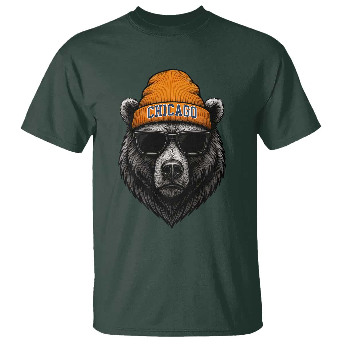 Cool Bear Chicago Graphic T Shirt Retro Vibe City Pride Beanie and Sunglasses TS02 Dark Forest Green Print Your Wear