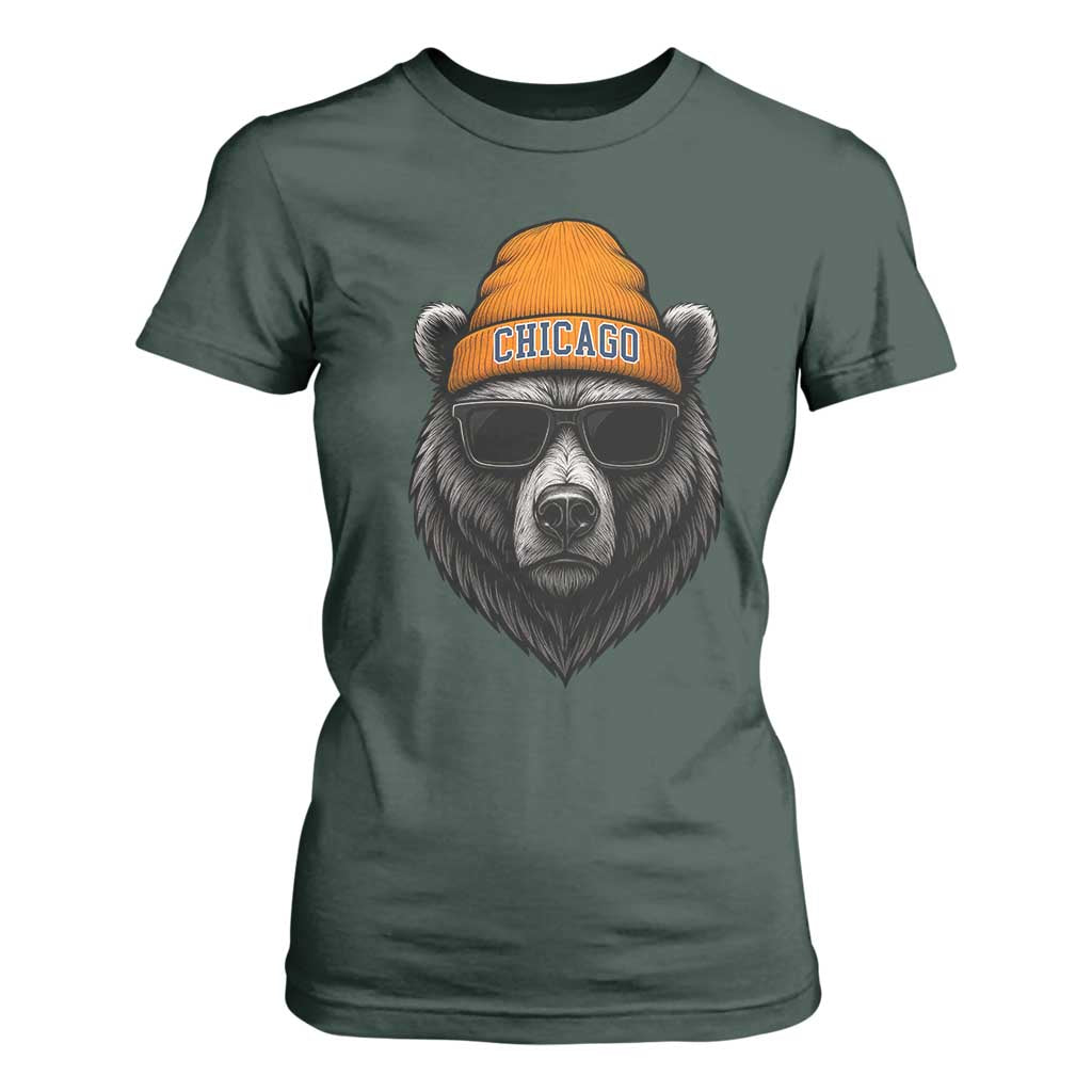 Cool Bear Chicago Graphic T Shirt For Women Retro Vibe City Pride Beanie and Sunglasses TS02 Dark Forest Green Print Your Wear