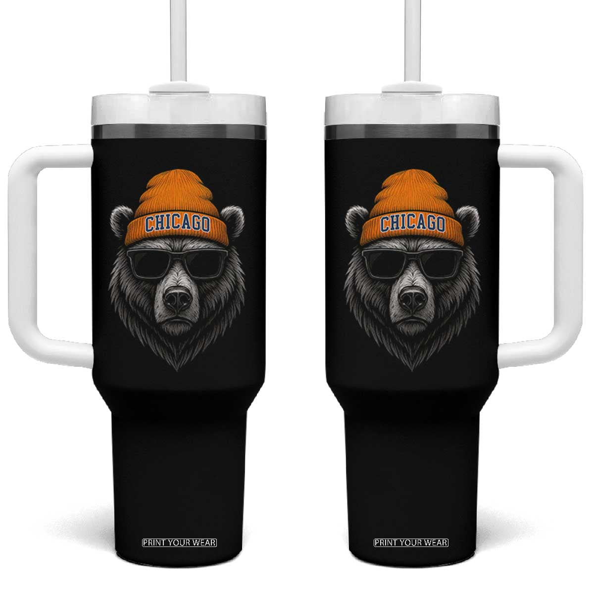 Cool Bear Chicago Graphic Tumbler With Handle Retro Vibe City Pride Beanie and Sunglasses TS02 One Size: 40 oz Black Print Your Wear