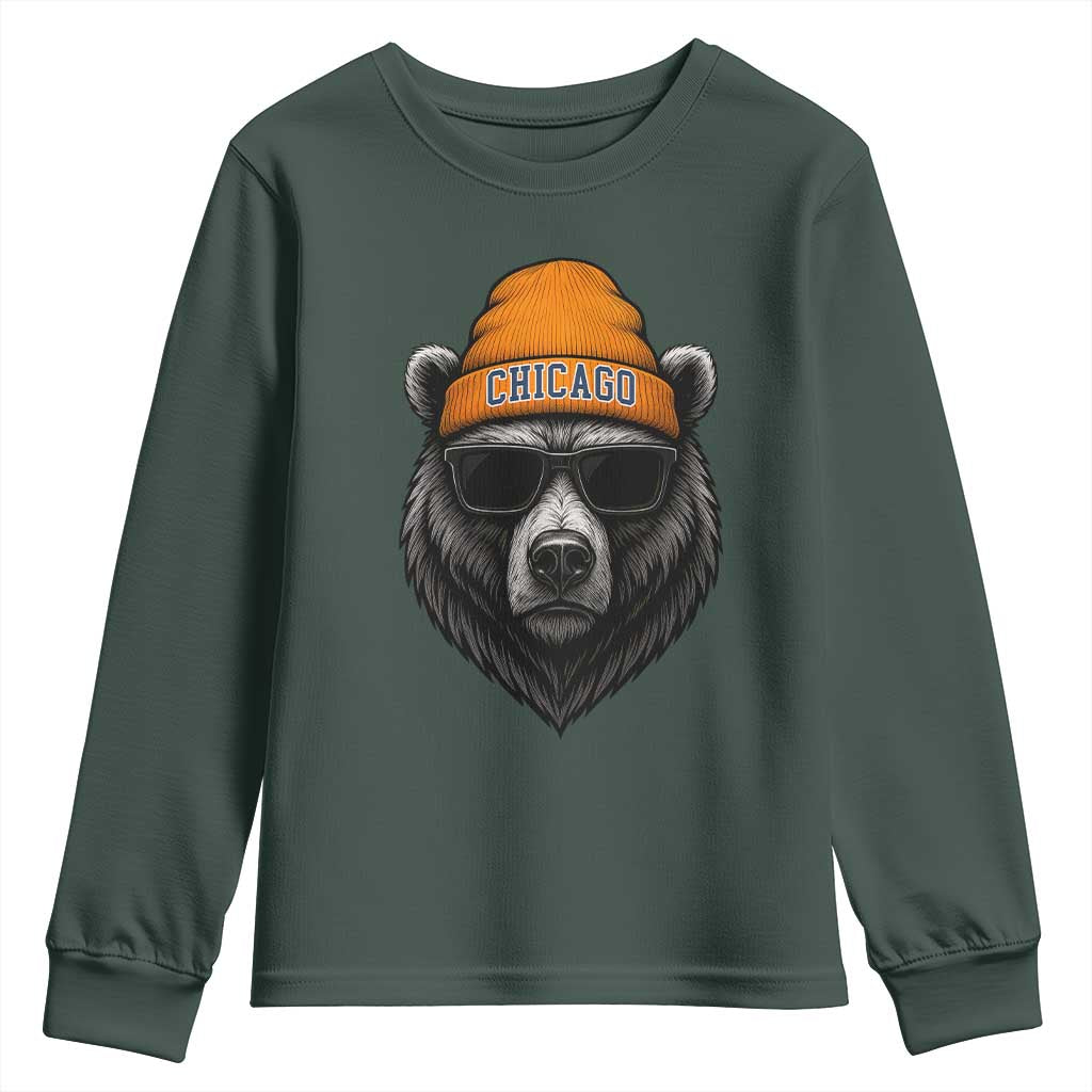 Cool Bear Chicago Graphic Youth Sweatshirt Retro Vibe City Pride Beanie and Sunglasses TS02 Dark Forest Green Print Your Wear