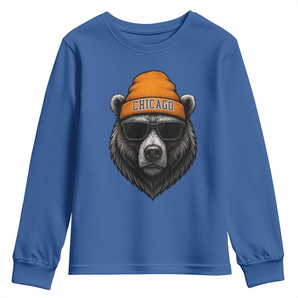 Cool Bear Chicago Graphic Youth Sweatshirt Retro Vibe City Pride Beanie and Sunglasses TS02 Royal Blue Print Your Wear