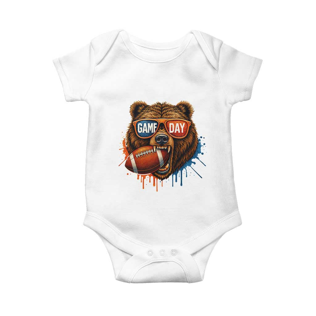 Cool Game Day Bear Graphic Baby Onesie Bold Football Fan Dripping Paint TS02 White Print Your Wear