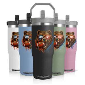 Cool Game Day Bear Graphic Flip Straw Tumbler Bold Football Fan Dripping Paint TS02 Print Your Wear