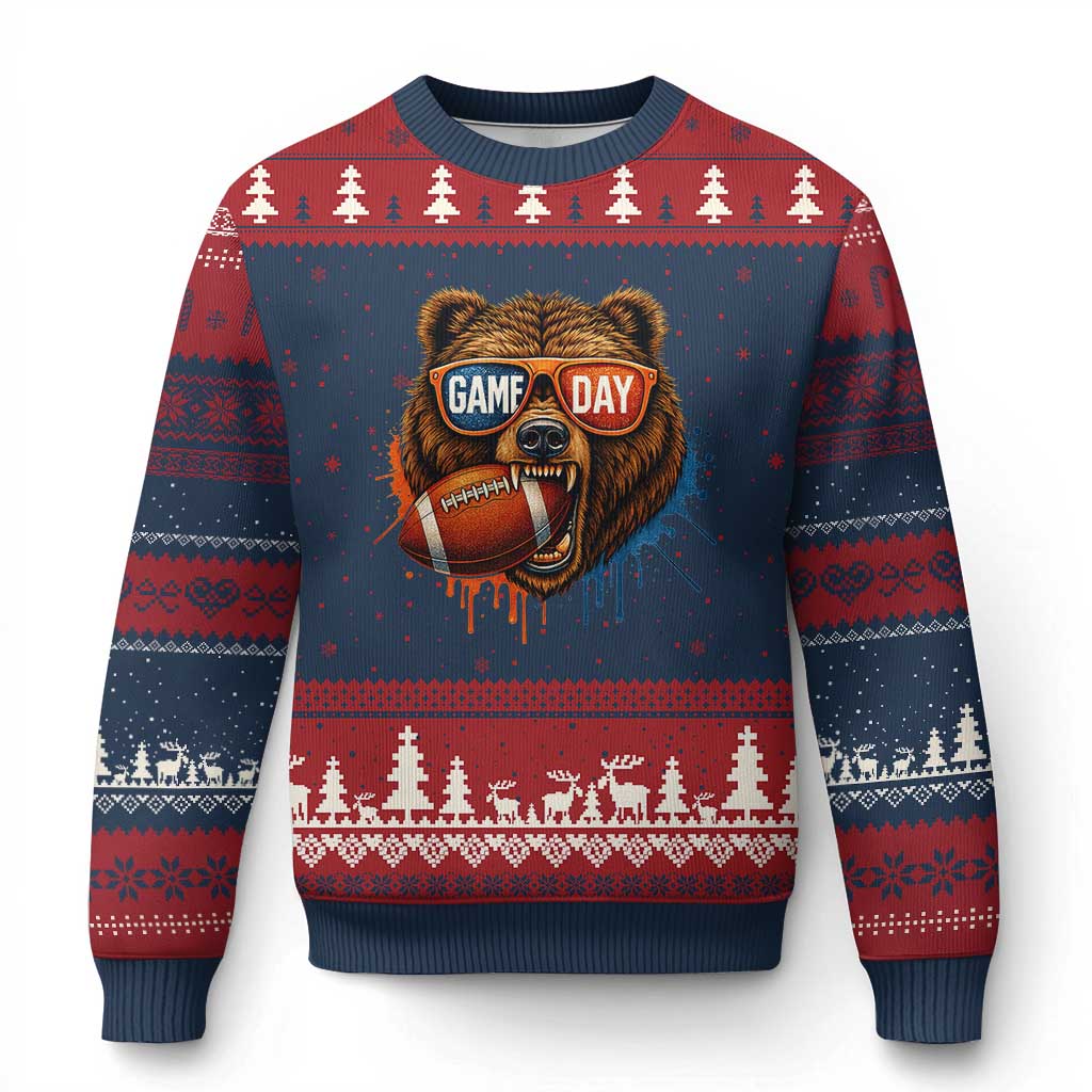 Cool Game Day Bear Graphic Ugly Christmas Sweater Bold Football Fan Dripping Paint TS02 Navy Red Print Your Wear