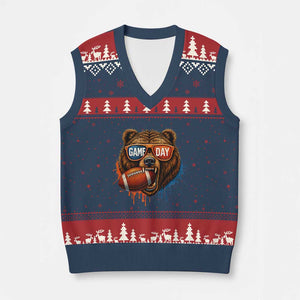 Cool Game Day Bear Graphic V-Neck Knit Sweater Vest Bold Football Fan Dripping Paint TS02 Navy Red Print Your Wear