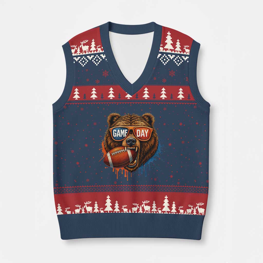 Cool Game Day Bear Graphic V-Neck Knit Sweater Vest Bold Football Fan Dripping Paint TS02 Navy Red Print Your Wear