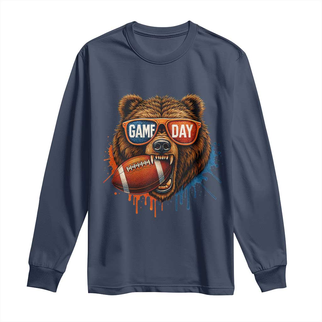Cool Game Day Bear Graphic Long Sleeve Shirt Bold Football Fan Dripping Paint TS02 Navy Print Your Wear