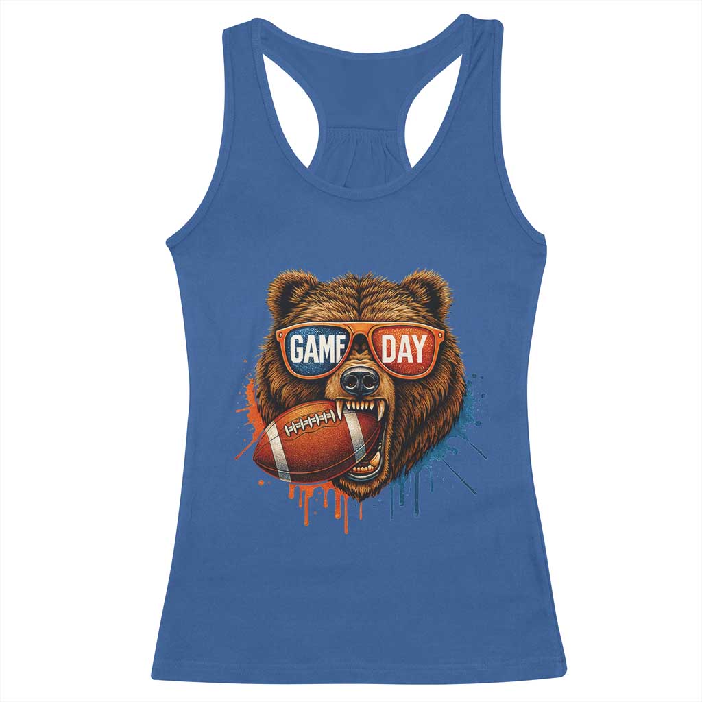 Cool Game Day Bear Graphic Racerback Tank Top Bold Football Fan Dripping Paint TS02 Royal Blue Print Your Wear