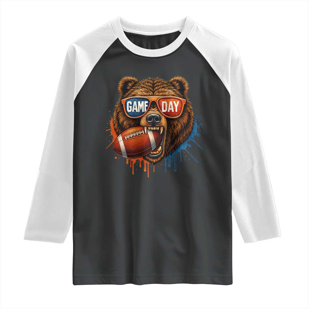 Cool Game Day Bear Graphic Raglan Shirt Bold Football Fan Dripping Paint TS02 Black White Print Your Wear