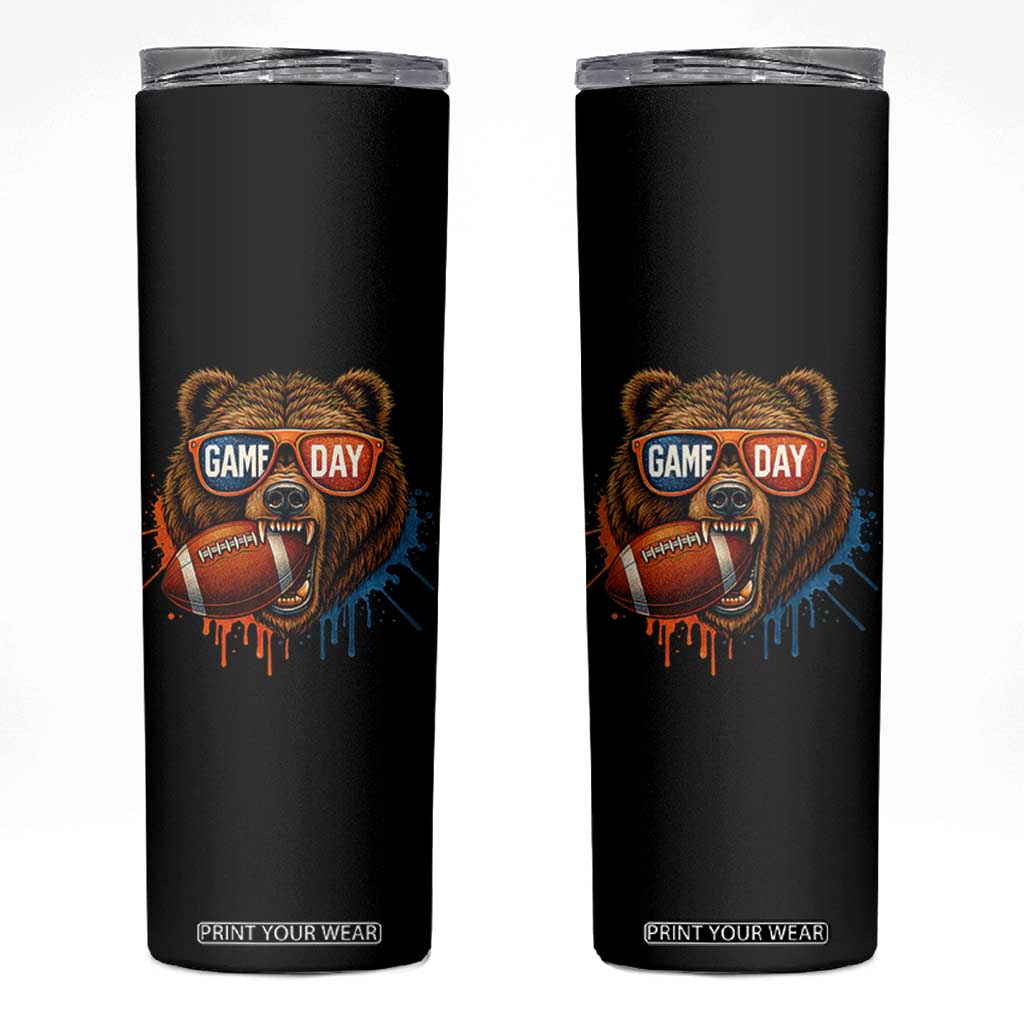 Cool Game Day Bear Graphic Skinny Tumbler Bold Football Fan Dripping Paint TS02 Black Print Your Wear