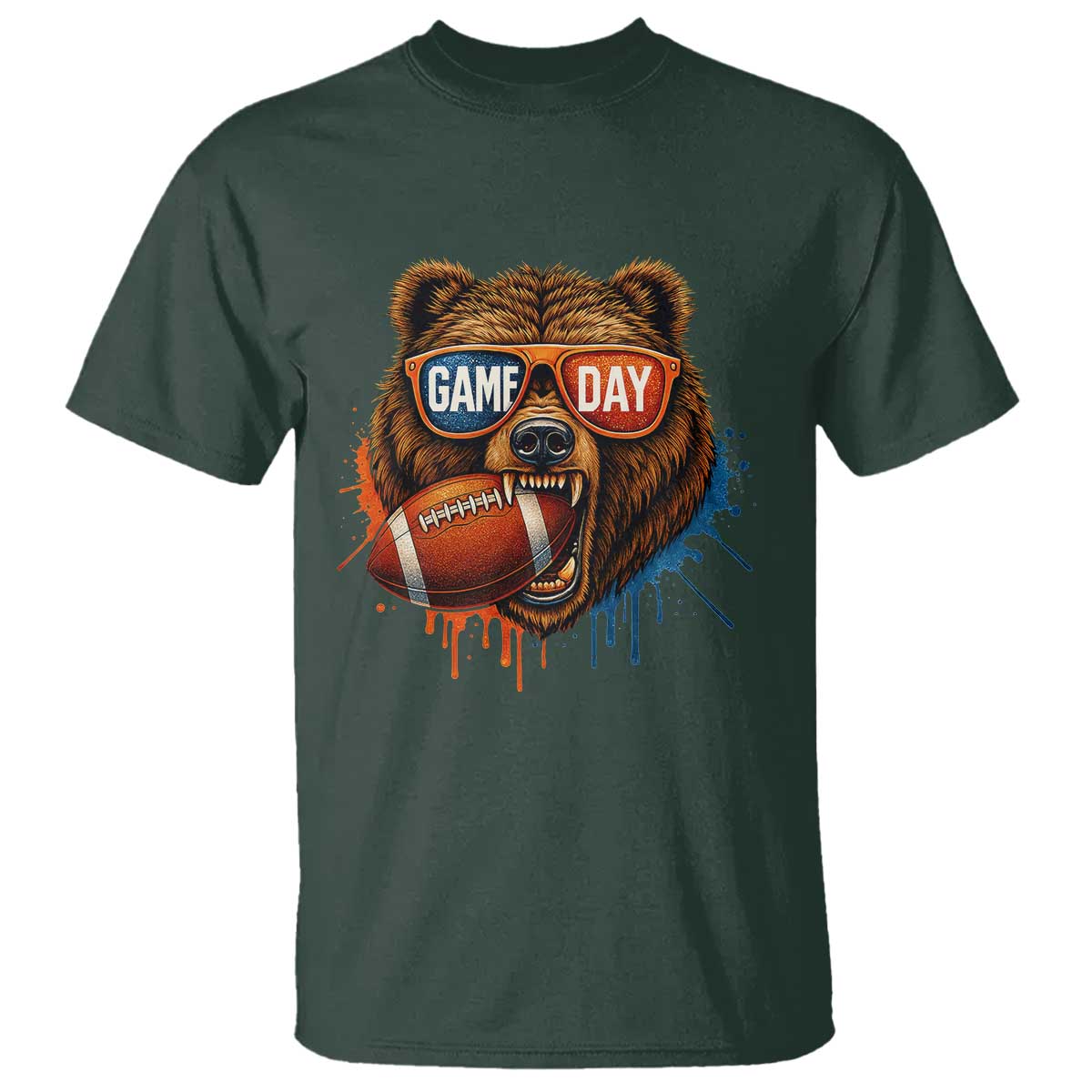 Cool Game Day Bear Graphic T Shirt Bold Football Fan Dripping Paint TS02 Dark Forest Green Print Your Wear