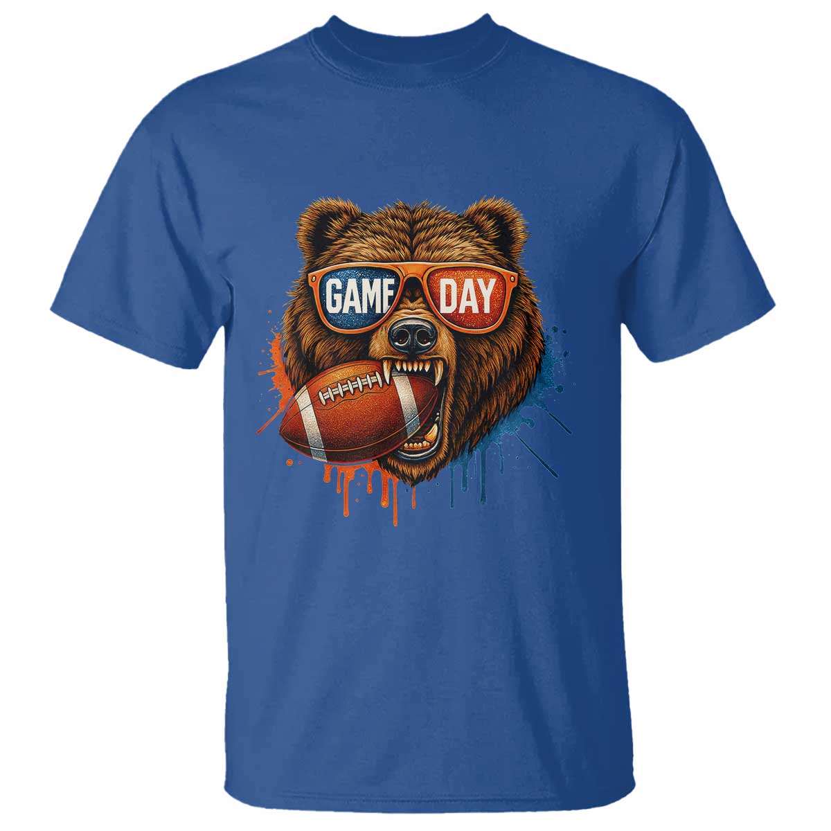 Cool Game Day Bear Graphic T Shirt Bold Football Fan Dripping Paint TS02 Royal Blue Print Your Wear