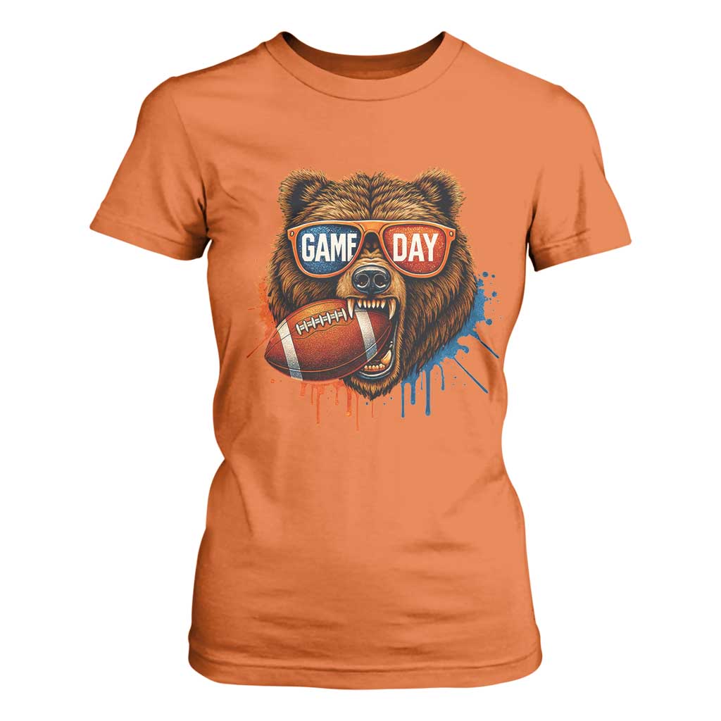 Cool Game Day Bear Graphic T Shirt For Women Bold Football Fan Dripping Paint TS02 Orange Print Your Wear