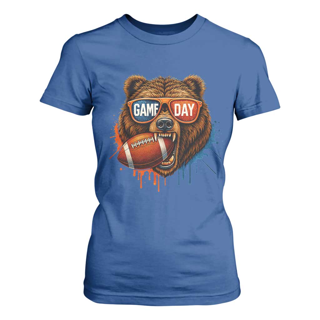 Cool Game Day Bear Graphic T Shirt For Women Bold Football Fan Dripping Paint TS02 Royal Blue Print Your Wear