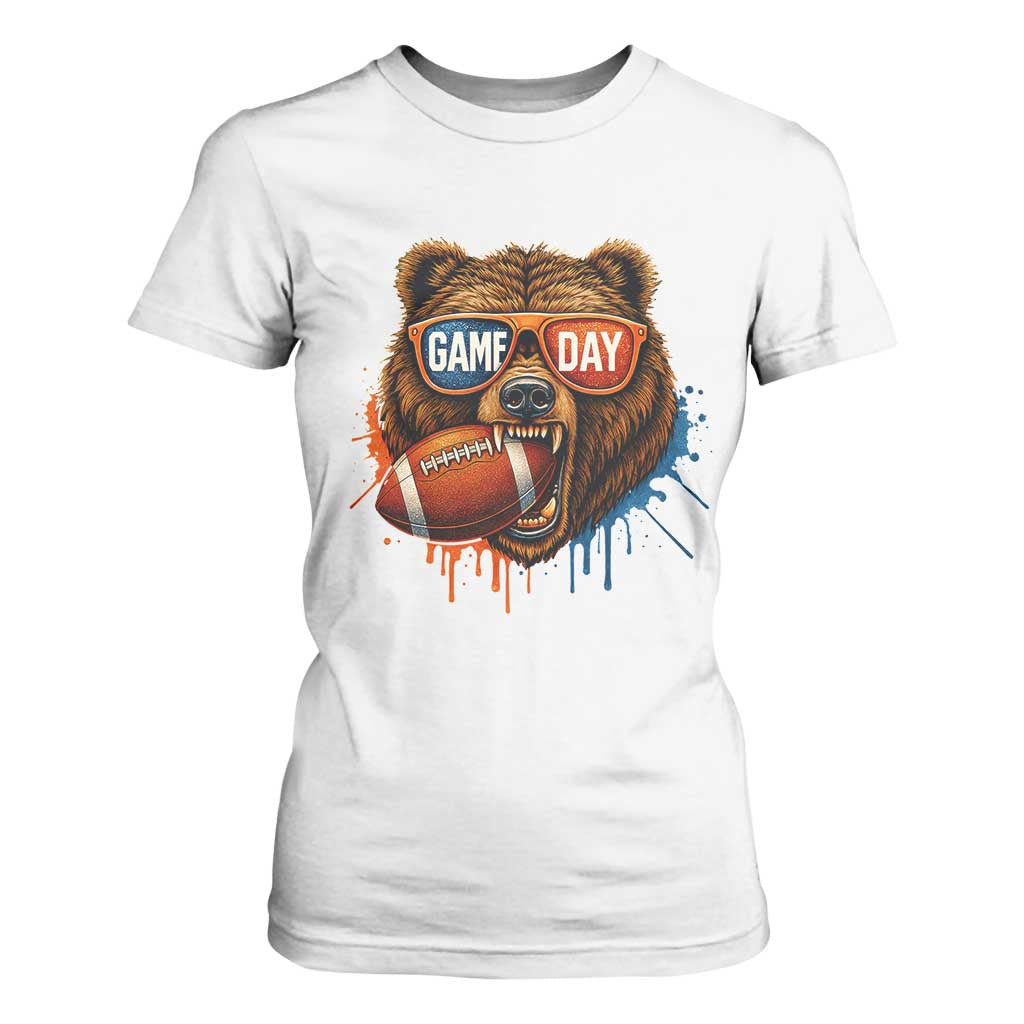 Cool Game Day Bear Graphic T Shirt For Women Bold Football Fan Dripping Paint TS02 White Print Your Wear