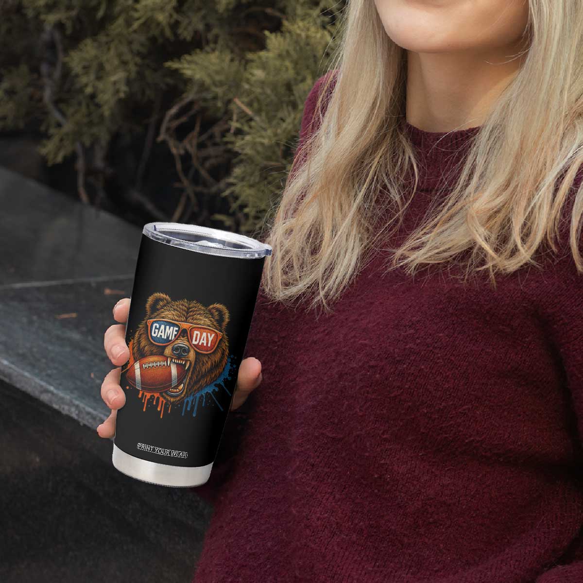 Cool Game Day Bear Graphic Tumbler Cup Bold Football Fan Dripping Paint TS02 Print Your Wear
