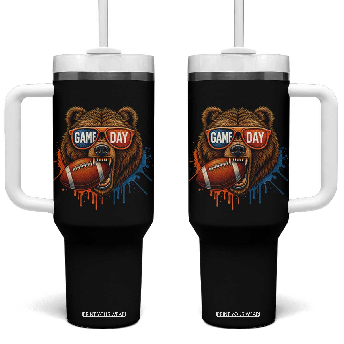 Cool Game Day Bear Graphic Tumbler With Handle Bold Football Fan Dripping Paint TS02 One Size: 40 oz Black Print Your Wear