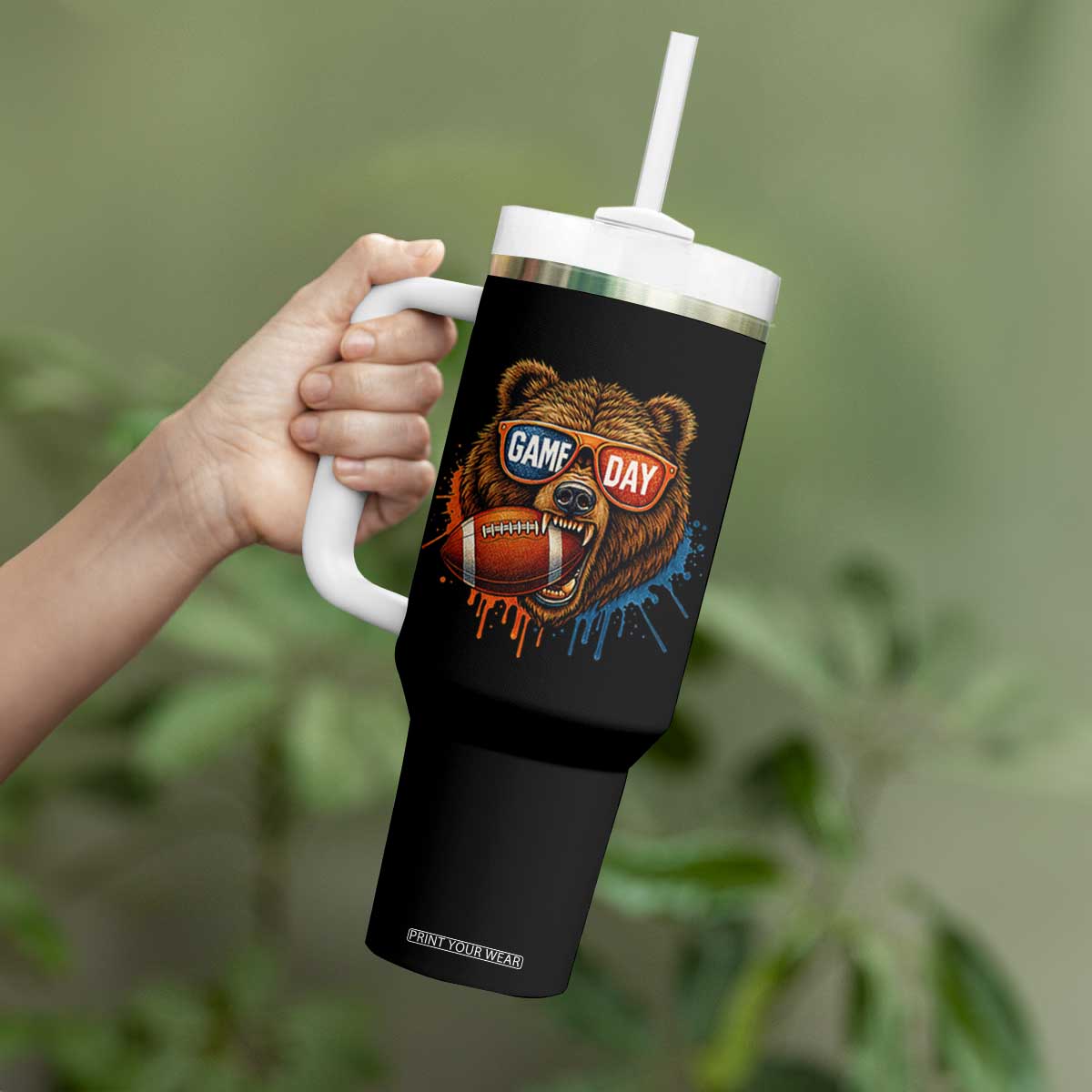 Cool Game Day Bear Graphic Tumbler With Handle Bold Football Fan Dripping Paint TS02 Print Your Wear